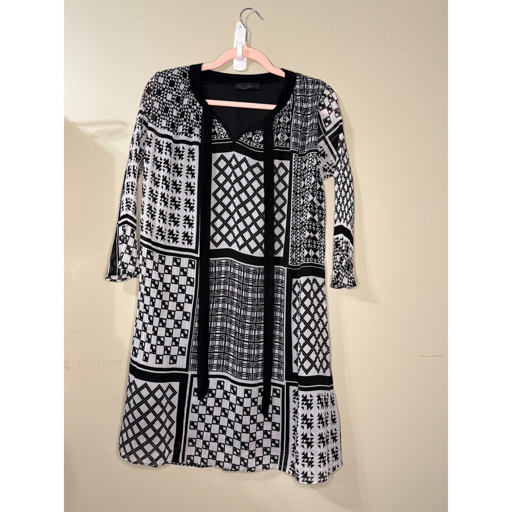 Doppio Segno Made in Italy Black White Geometric Patchwork Tunic Dress Tie Neck